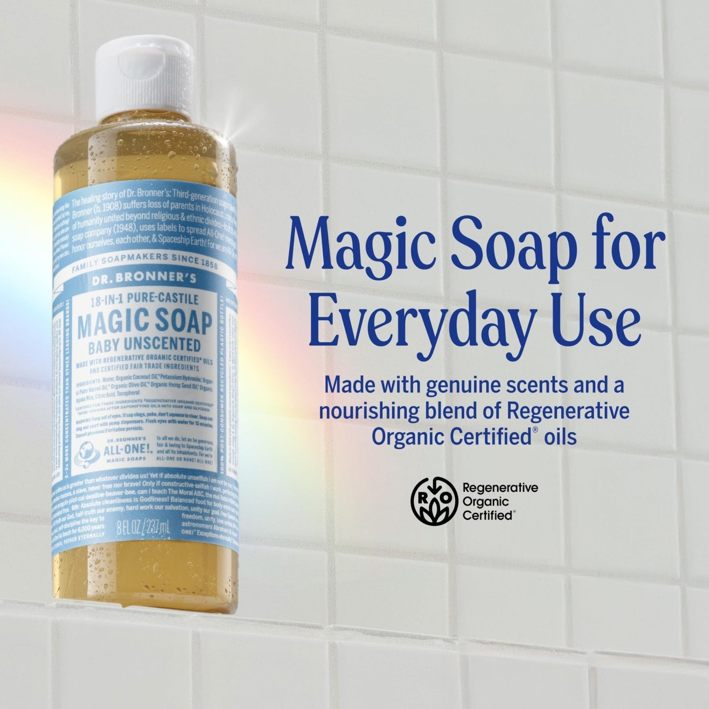 Dr. Bronner's Pure-Castile Magic Liquid Soap (Baby Unscented, 8 Ounce)- Made with Regenerative Organic Certified Oils, For Face - Maple Wellness Supplements