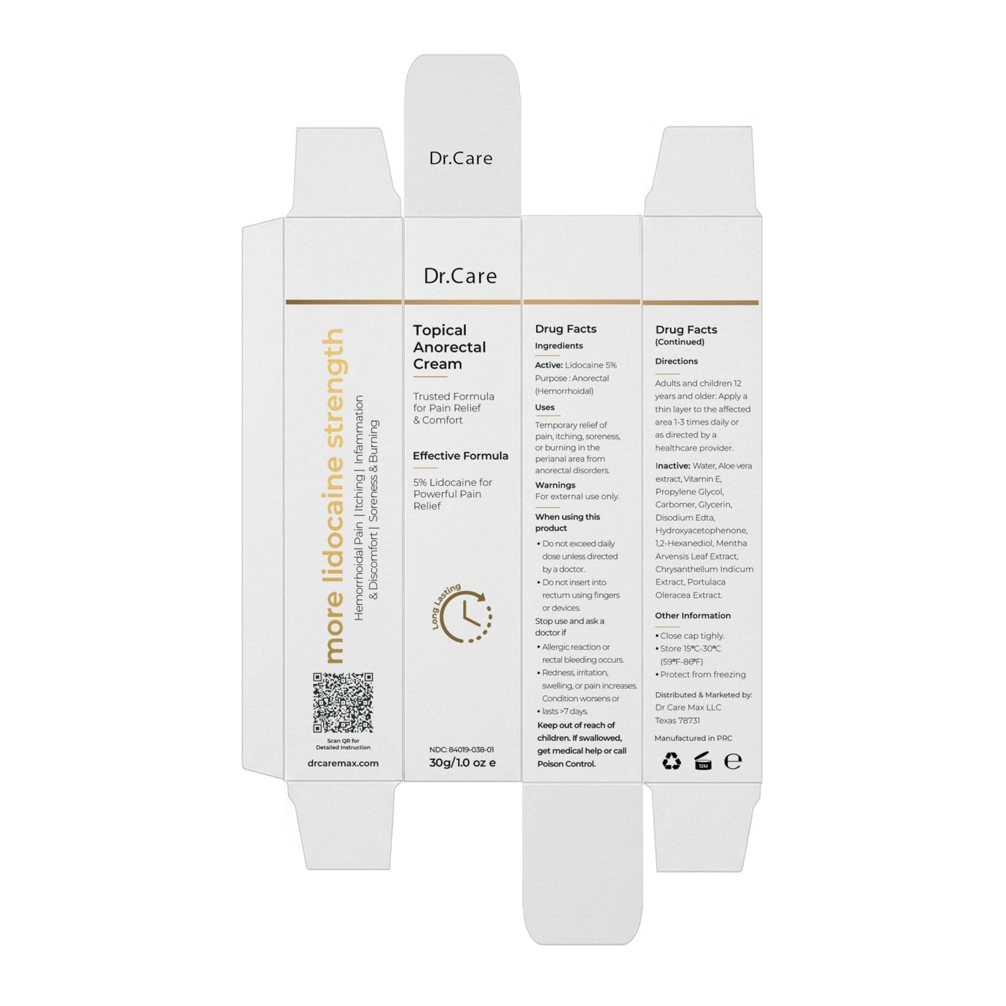 Dr Care Anorectal Cream with 5% Lidocaine - Maximum Strength Topical Anesthetic for Hemorrhoid Relief, Itching, & Burning (1.0 oz) - Maple Wellness Supplements