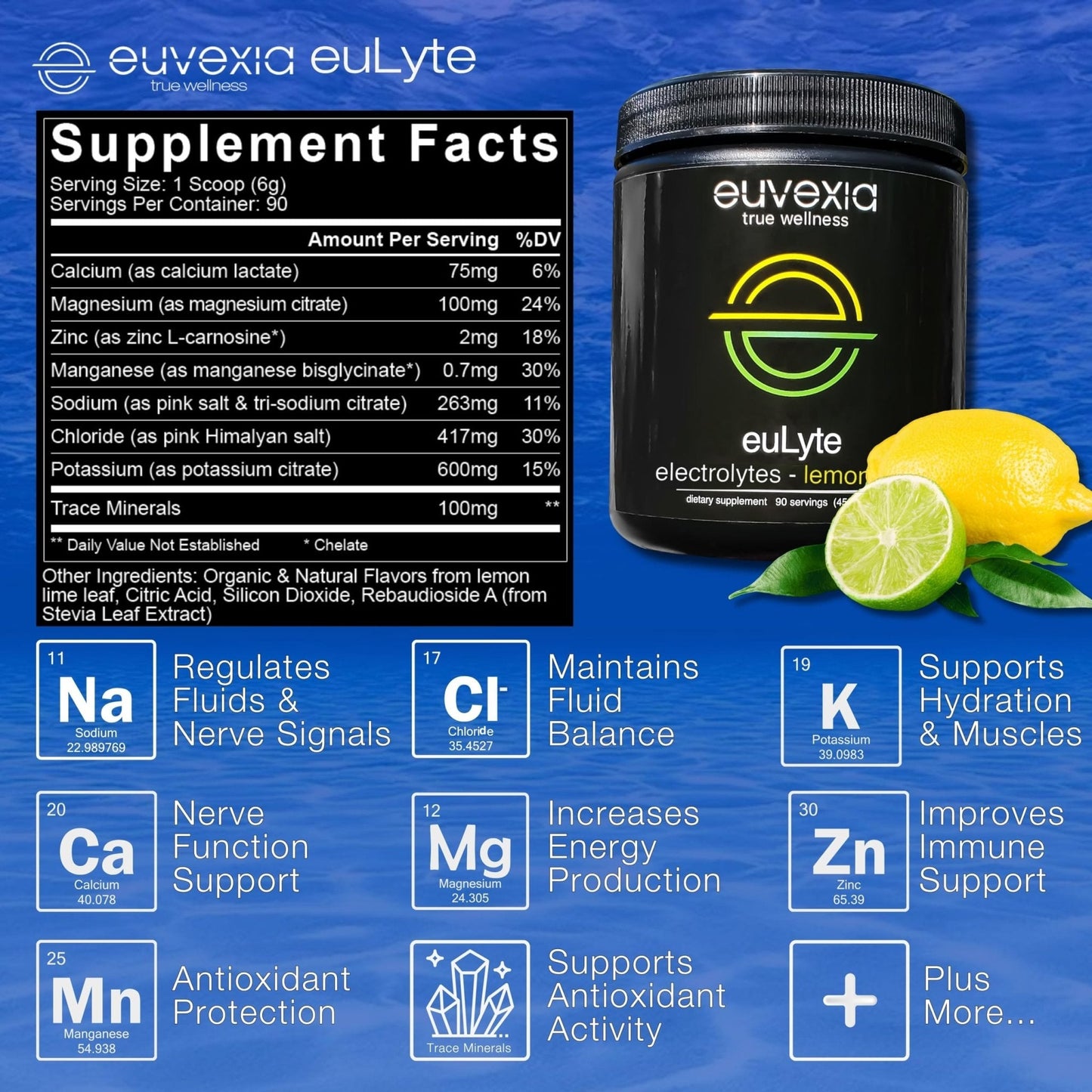 Dr Ekberg euLyte Instant Hydration Electrolytes Powder Zero Sugar Carb Calorie Lemon Lime Drink Mix • 80+ Minerals Magnesium Potassium Calcium Trace Minerals - Maple Wellness Supplements