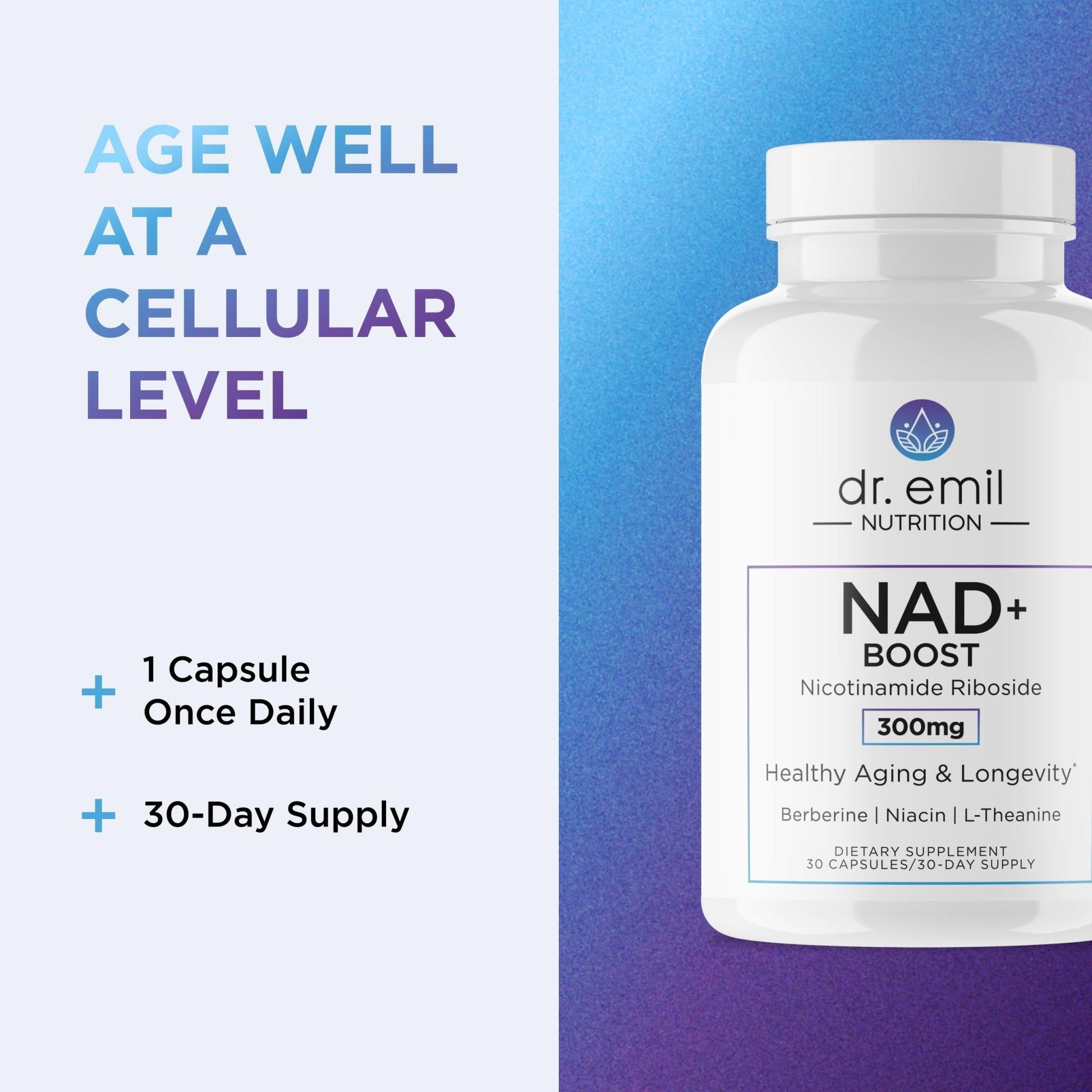 DR. EMIL NUTRITION NAD+ Boost - Nicotinamide Riboside Supplement for Longevity, Healthy Aging & Cellular Regeneration - NAD Supplement with with Berberine, L-Theanine & Niacin - 30-Day Supply - Maple Wellness Supplements
