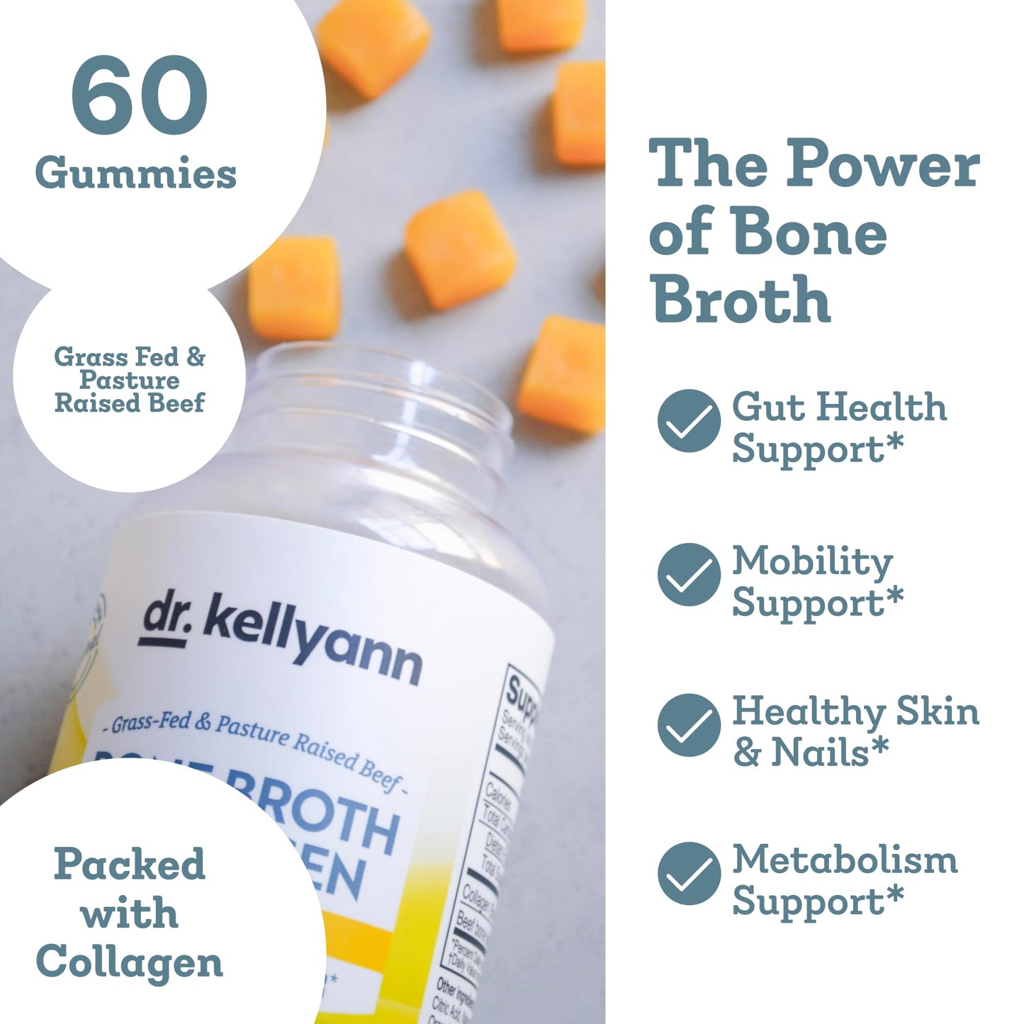Dr. Kellyann Collagen + Bone Broth Gummies, Lemon | Gut, Skin, Joint & Hair Support | Grass-Fed Beef | Non-GMO, Dairy-Free, Soy-Free | 60 Gummies - Maple Wellness Supplements