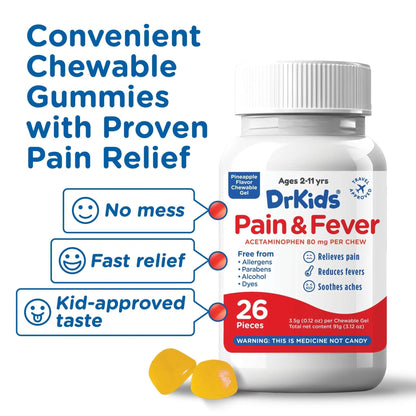 Dr. Kids Children’s Pain and Fever Chewable Gels – Pain Relief and Fever Reducer for Kids Ages 2–11, 80 mg Chewable Acetaminophen for Headache, Sore Throat, Cold & Flu, Pineapple Flavor, 26 Count - Maple Wellness Supplements