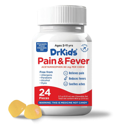 Dr. Kids Children’s Pain and Fever Chewable Gels – Pain Relief and Fever Reducer for Kids Ages 2–11, 80 mg Chewable Acetaminophen for Headache, Sore Throat, Cold & Flu, Pineapple Flavor, 24 Count - Maple Wellness Supplements