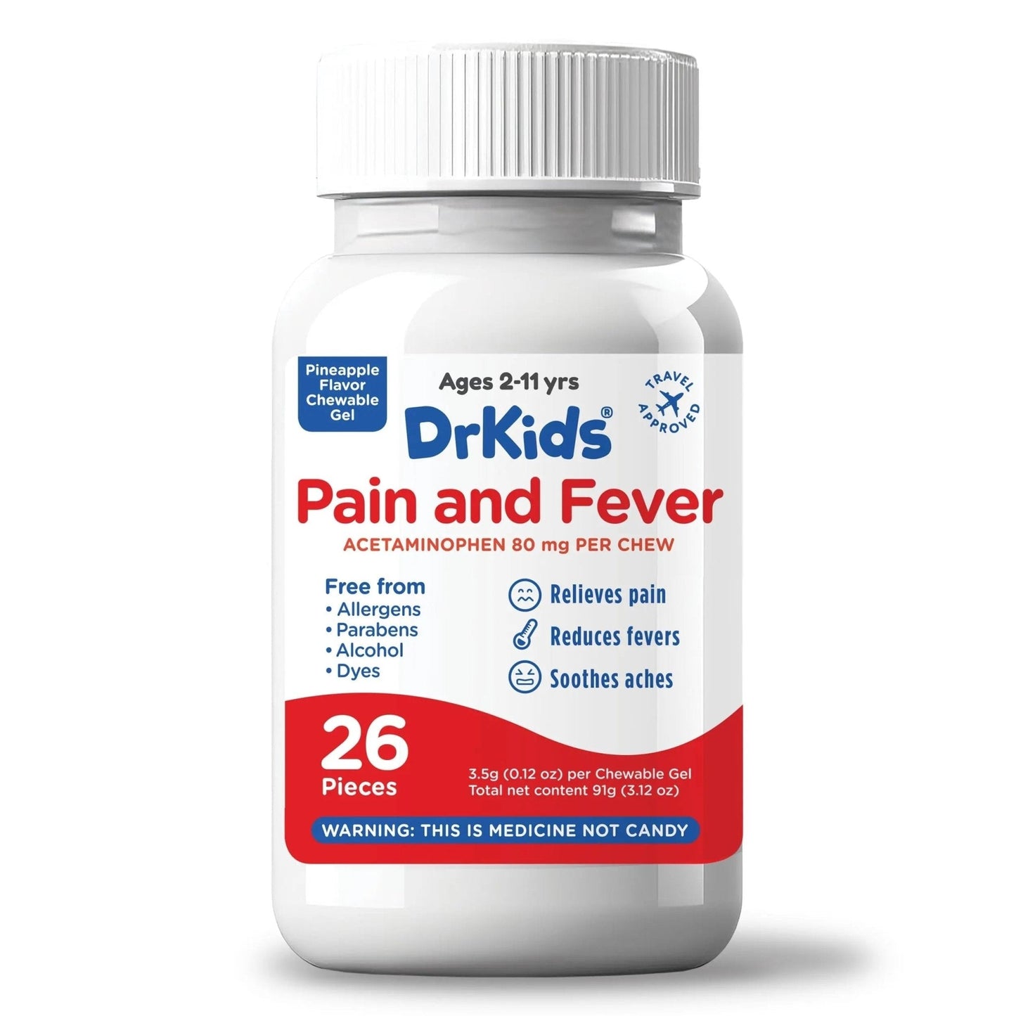 Dr. Kids Children’s Pain and Fever Chewable Gels – Pain Relief and Fever Reducer for Kids Ages 2–11, 80 mg Chewable Acetaminophen for Headache, Sore Throat, Cold & Flu, Pineapple Flavor, 26 Count - Maple Wellness Supplements