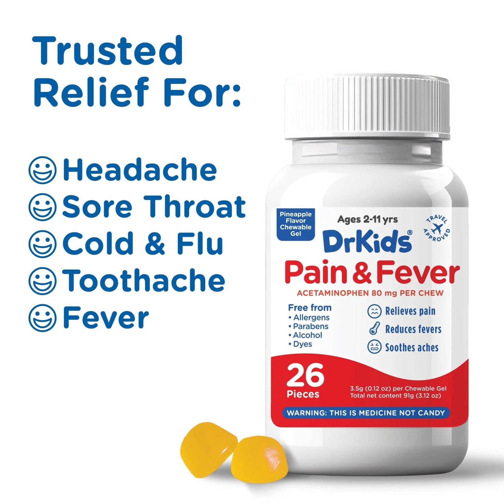 Dr. Kids Children’s Pain and Fever Chewable Gels – Pain Relief and Fever Reducer for Kids Ages 2–11, 80 mg Chewable Acetaminophen for Headache, Sore Throat, Cold & Flu, Pineapple Flavor, 26 Count - Maple Wellness Supplements