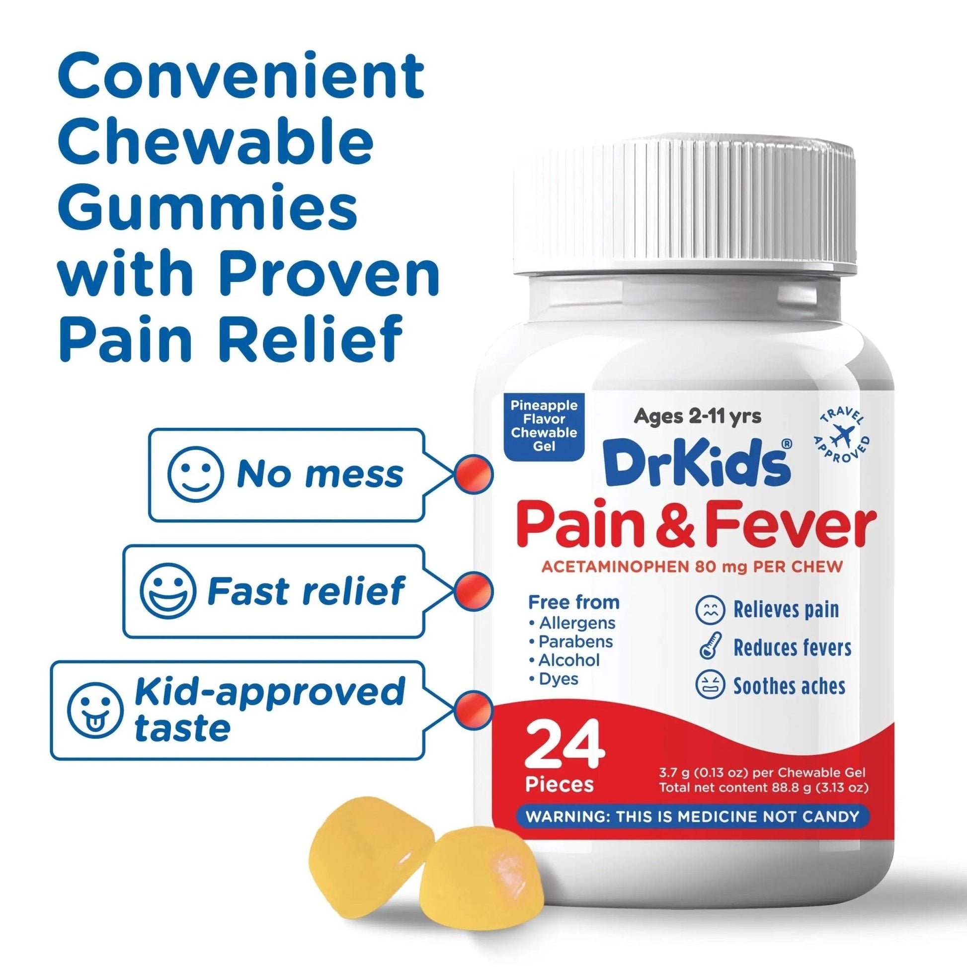 Dr. Kids Children’s Pain and Fever Chewable Gels – Pain Relief and Fever Reducer for Kids Ages 2–11, 80 mg Chewable Acetaminophen for Headache, Sore Throat, Cold & Flu, Pineapple Flavor, 24 Count - Maple Wellness Supplements
