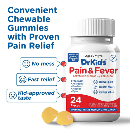 Dr. Kids Children’s Pain and Fever Chewable Gels – Pain Relief and Fever Reducer for Kids Ages 2–11, 80 mg Chewable Acetaminophen for Headache, Sore Throat, Cold & Flu, Pineapple Flavor, 24 Count - Maple Wellness Supplements