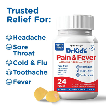 Dr. Kids Children’s Pain and Fever Chewable Gels – Pain Relief and Fever Reducer for Kids Ages 2–11, 80 mg Chewable Acetaminophen for Headache, Sore Throat, Cold & Flu, Pineapple Flavor, 24 Count - Maple Wellness Supplements