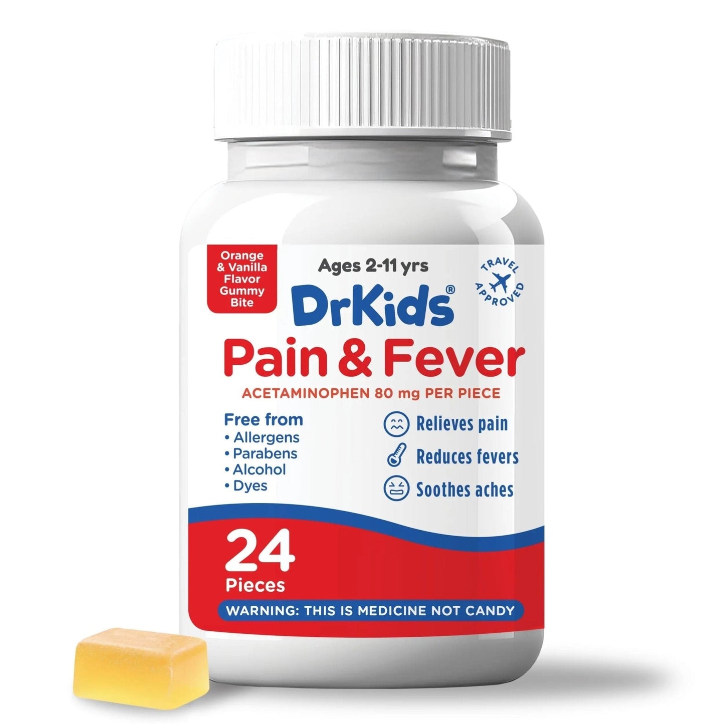Dr. Kids Children’s Pain and Fever Gummy Bite - Chewable Acetaminophen for Kids Ages 2-11, Pre-Measured Soft Chews for Headache, Sore Throat, Cold and Flu, Orange Vanilla Flavor, 24 Count - Maple Wellness Supplements
