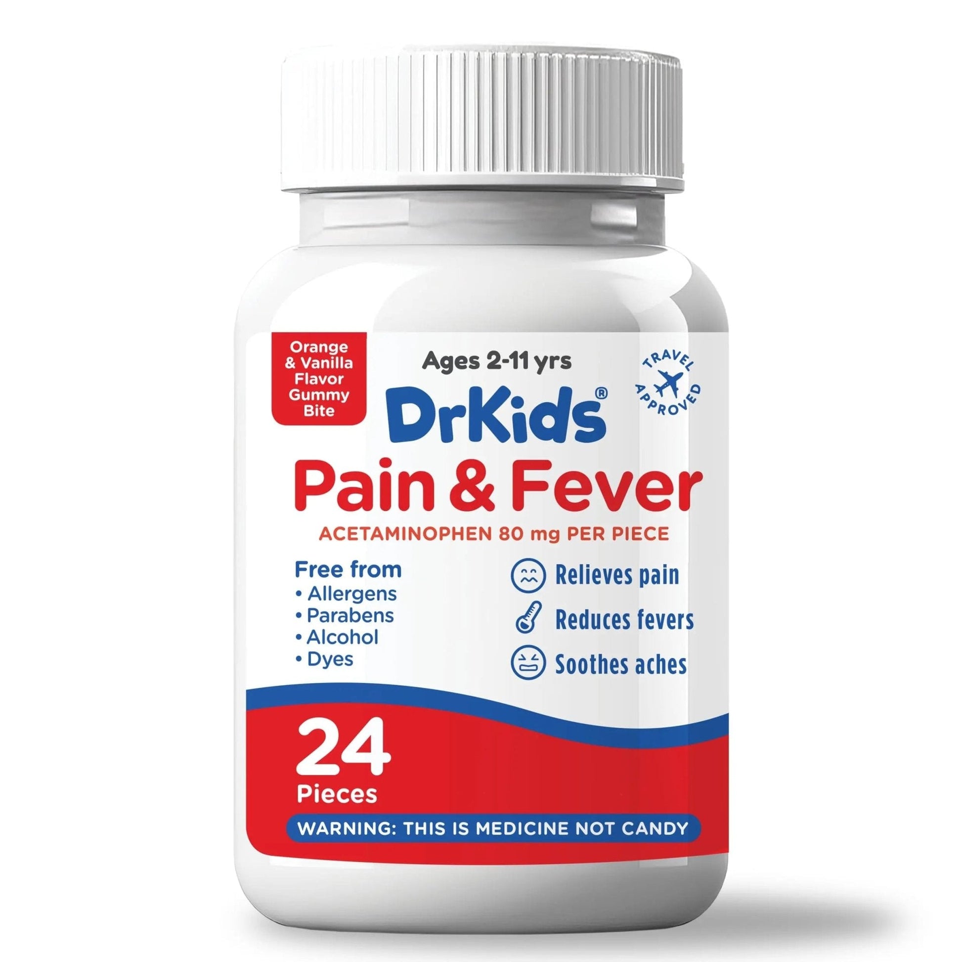 Dr. Kids Children’s Pain and Fever Gummy Bite - Chewable Acetaminophen for Kids Ages 2-11, Pre-Measured Soft Chews for Headache, Sore Throat, Cold and Flu, Orange Vanilla Flavor, 24 Count - Maple Wellness Supplements