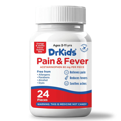 Dr. Kids Children’s Pain and Fever Gummy Bite - Chewable Acetaminophen for Kids Ages 2-11, Pre-Measured Soft Chews for Headache, Sore Throat, Cold and Flu, Orange Vanilla Flavor, 24 Count - Maple Wellness Supplements