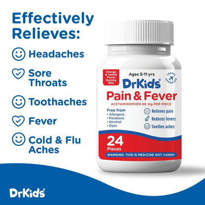 Dr. Kids Children’s Pain and Fever Gummy Bite - Chewable Acetaminophen for Kids Ages 2-11, Pre-Measured Soft Chews for Headache, Sore Throat, Cold and Flu, Orange Vanilla Flavor, 24 Count - Maple Wellness Supplements