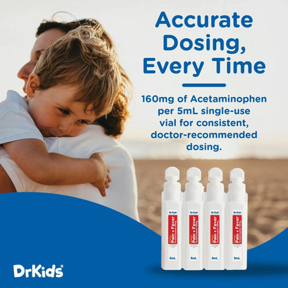 Dr. Kids Children’s Pain and Fever Medicine - Acetaminophen for Kids Ages 2-11, Pre-Measured Single-Use Vials for Headache, Sore Throat, Cold and Flu, Cherry Flavor, 20 Count - Maple Wellness Supplements