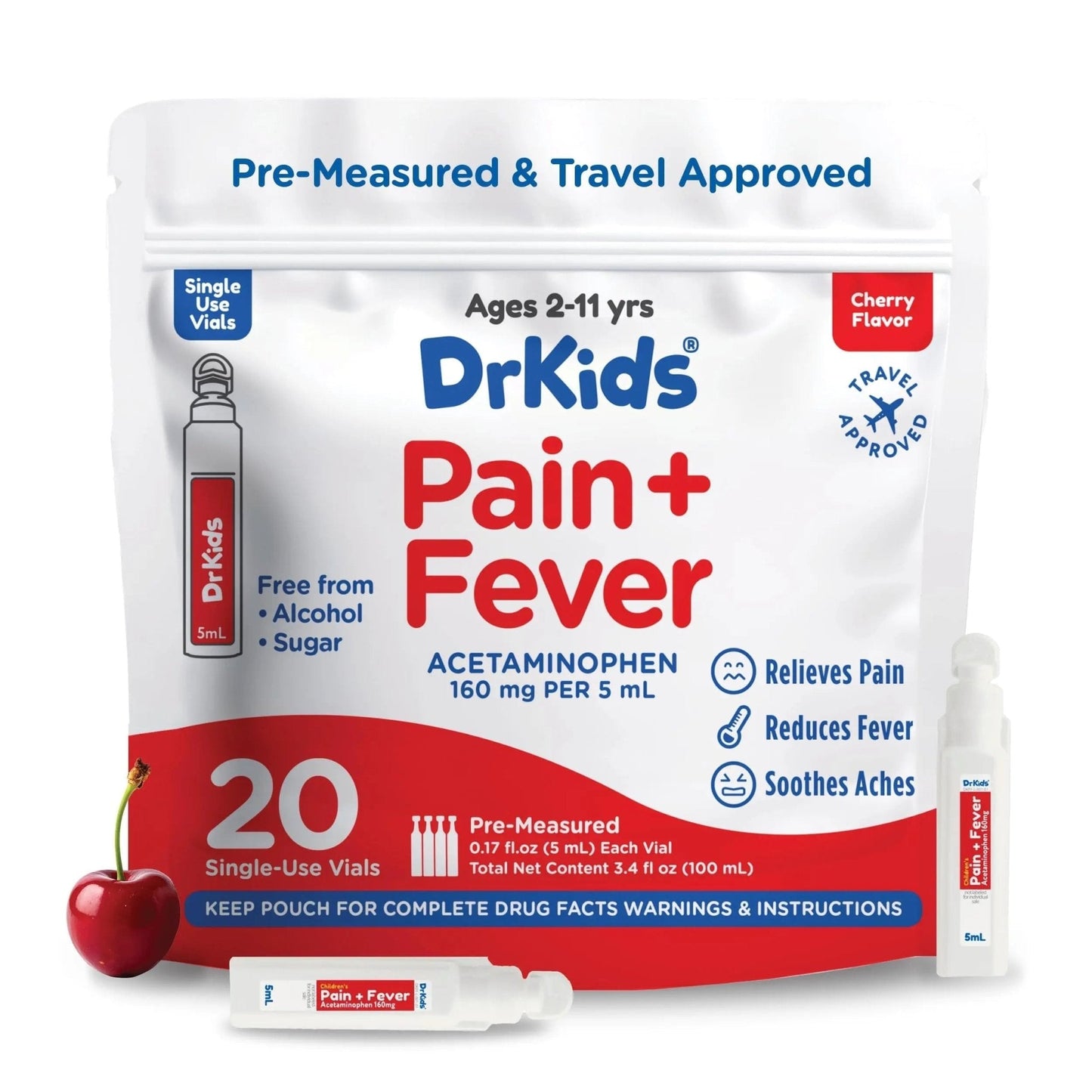 Dr. Kids Children’s Pain and Fever Medicine - Acetaminophen for Kids Ages 2-11, Pre-Measured Single-Use Vials for Headache, Sore Throat, Cold and Flu, Cherry Flavor, 20 Count - Maple Wellness Supplements