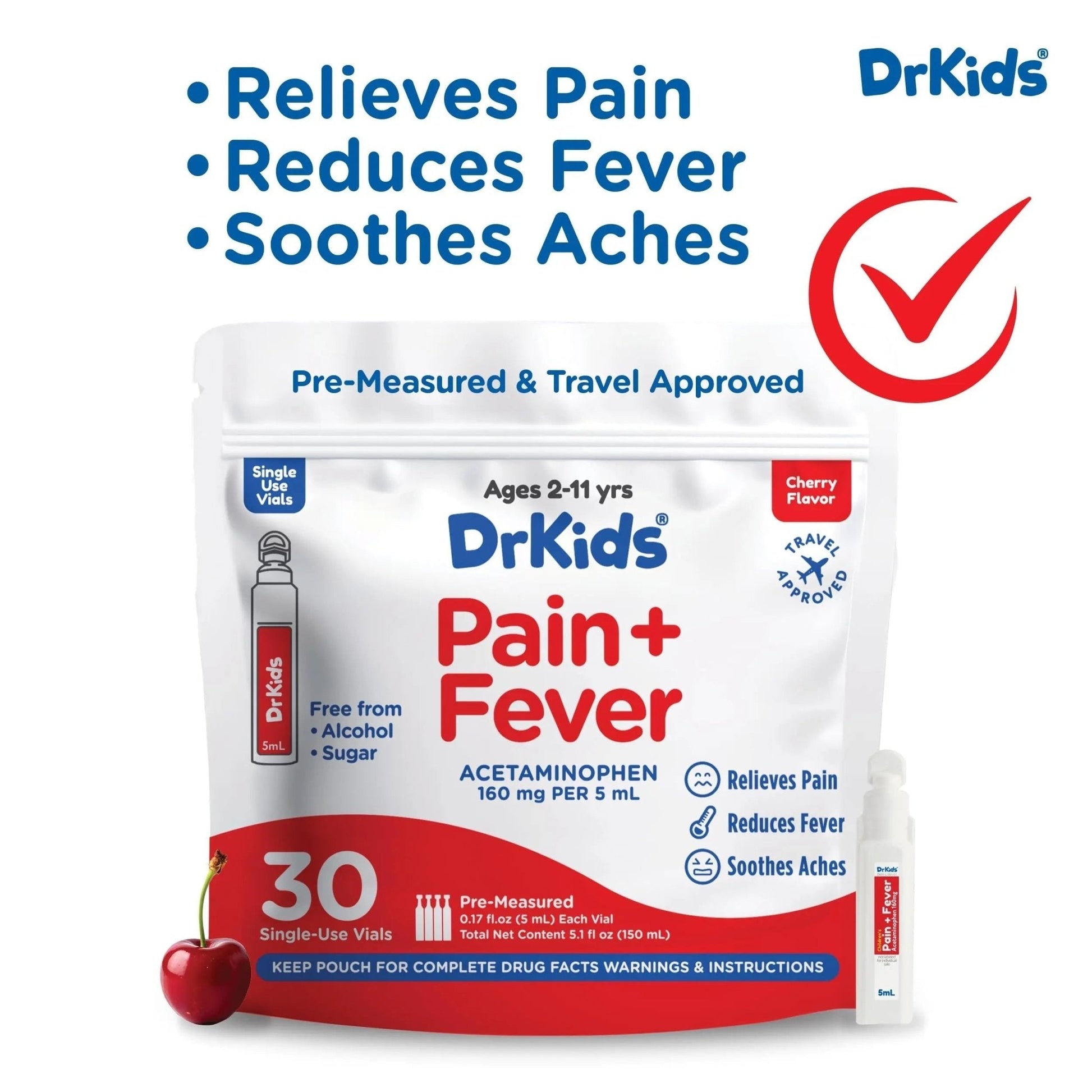Dr. Kids Children’s Pain and Fever Medicine - Acetaminophen for Kids Ages 2-11, Pre-Measured Single-Use Vials for Headache, Sore Throat, Cold and Flu, Cherry Flavor, 30 Count - Maple Wellness Supplements