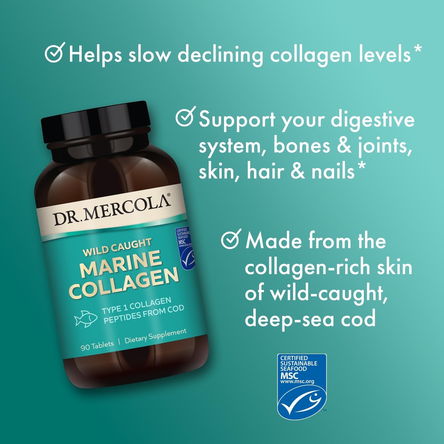 Dr. Mercola Marine Collagen - Supports Skin & Connective Tissue Health - Type I Collagen Peptides - MSC Certified Wild-Caught Cod - 90 Tablets - Maple Wellness Supplements