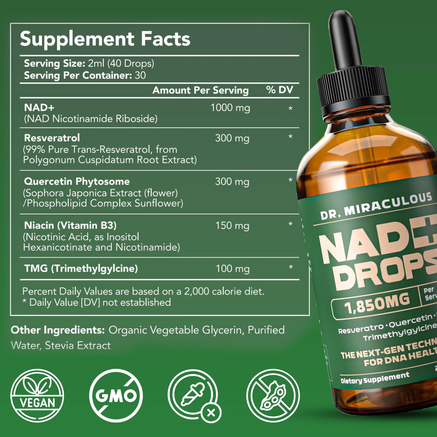 Dr. Miraculous Pure NAD+ Supplements 1850mg Liquid Drops for Women & Man | Nicotinamide Riboside Organic NAD Plus Boosting Supplement - Natural Lemon Flavor - Maple Wellness Supplements