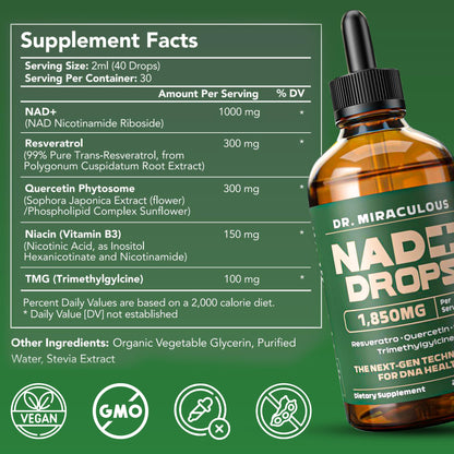 Dr. Miraculous Pure NAD+ Supplements 1850mg Liquid Drops for Women & Man | Nicotinamide Riboside Organic NAD Plus Boosting Supplement - Natural Lemon Flavor - Maple Wellness Supplements