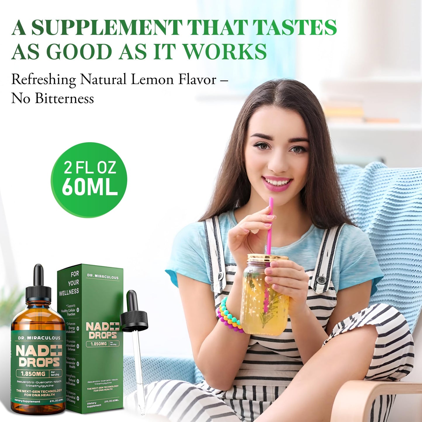 Dr. Miraculous Pure NAD+ Supplements 1850mg Liquid Drops for Women & Man | Nicotinamide Riboside Organic NAD Plus Boosting Supplement - Natural Lemon Flavor - Maple Wellness Supplements
