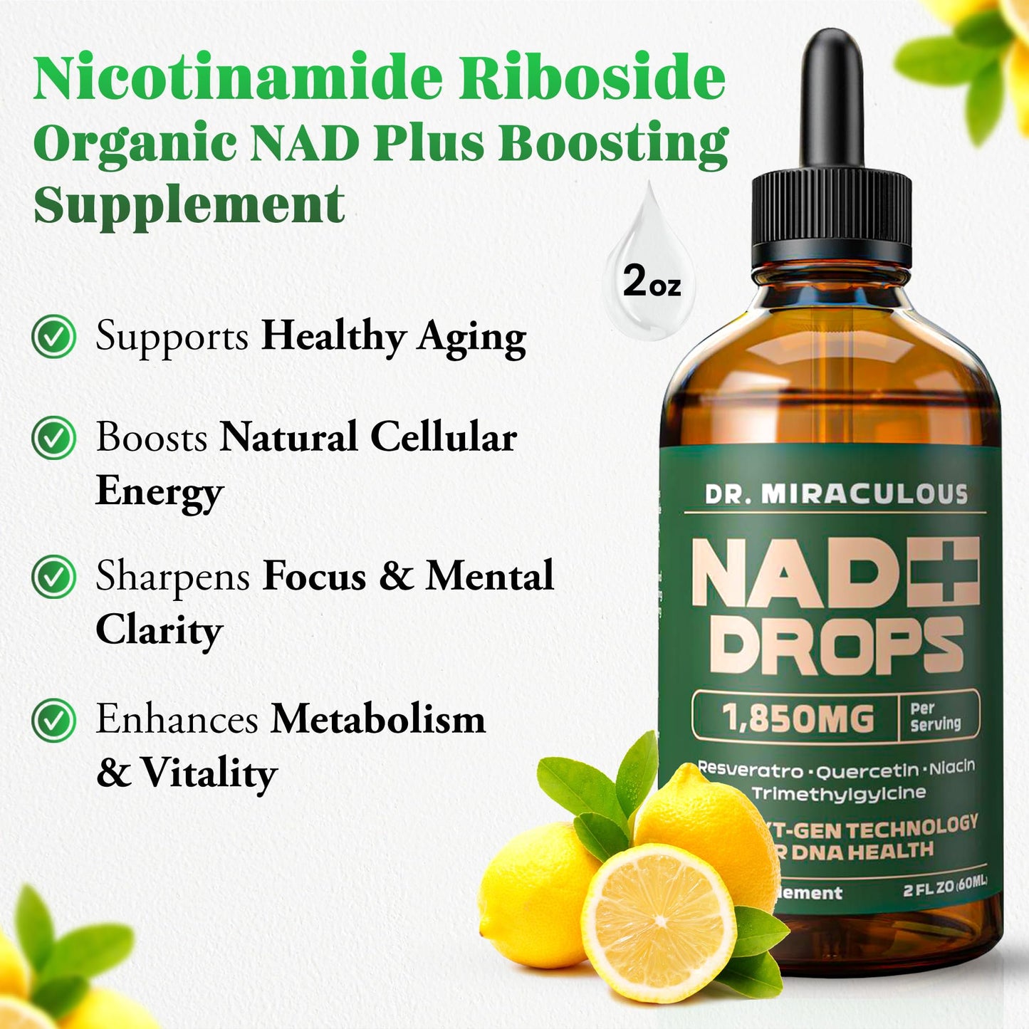 Dr. Miraculous Pure NAD+ Supplements 1850mg Liquid Drops for Women & Man | Nicotinamide Riboside Organic NAD Plus Boosting Supplement - Natural Lemon Flavor - Maple Wellness Supplements
