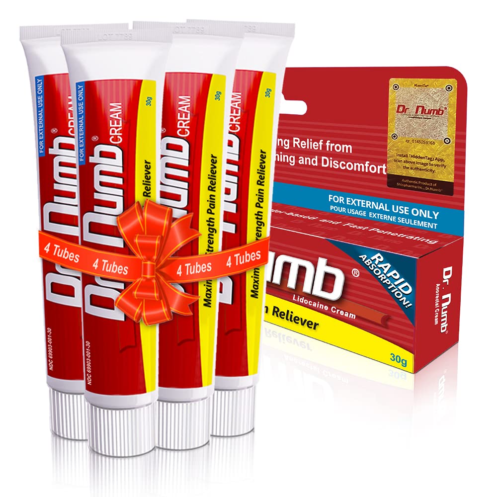 Dr. Numb 5% Lidocaine Numbing Cream, Fast-Acting Maximum Strength Topical Anesthetic Pain Relief Burn Itch Numb Cream with Vitamin E for Hemorrhoid Treatment, Local and Anorectal Uses - 30g 4 Pack - Maple Wellness Supplements
