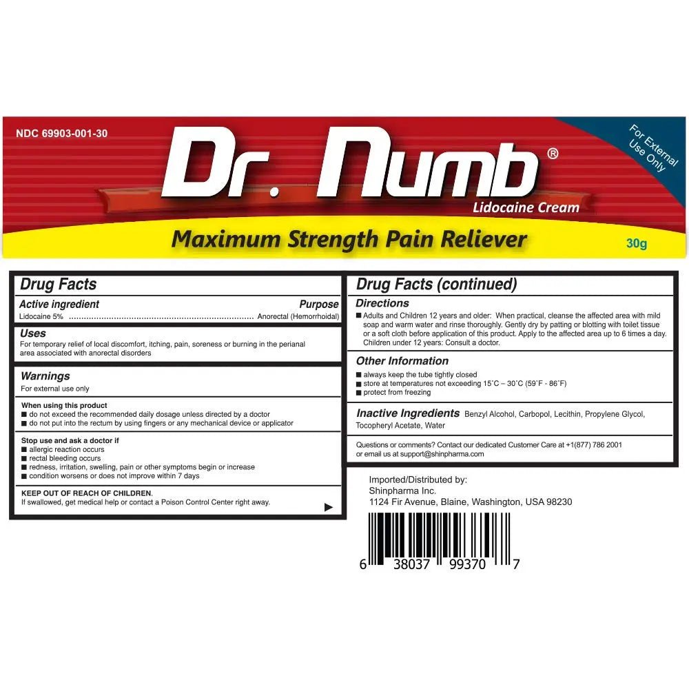 Dr. Numb 5% Lidocaine Numbing Cream, Fast-Acting Maximum Strength Topical Anesthetic Pain Relief Burn Itch Numb Cream with Vitamin E for Hemorrhoid Treatment, Local and Anorectal Uses - 30g - Maple Wellness Supplements