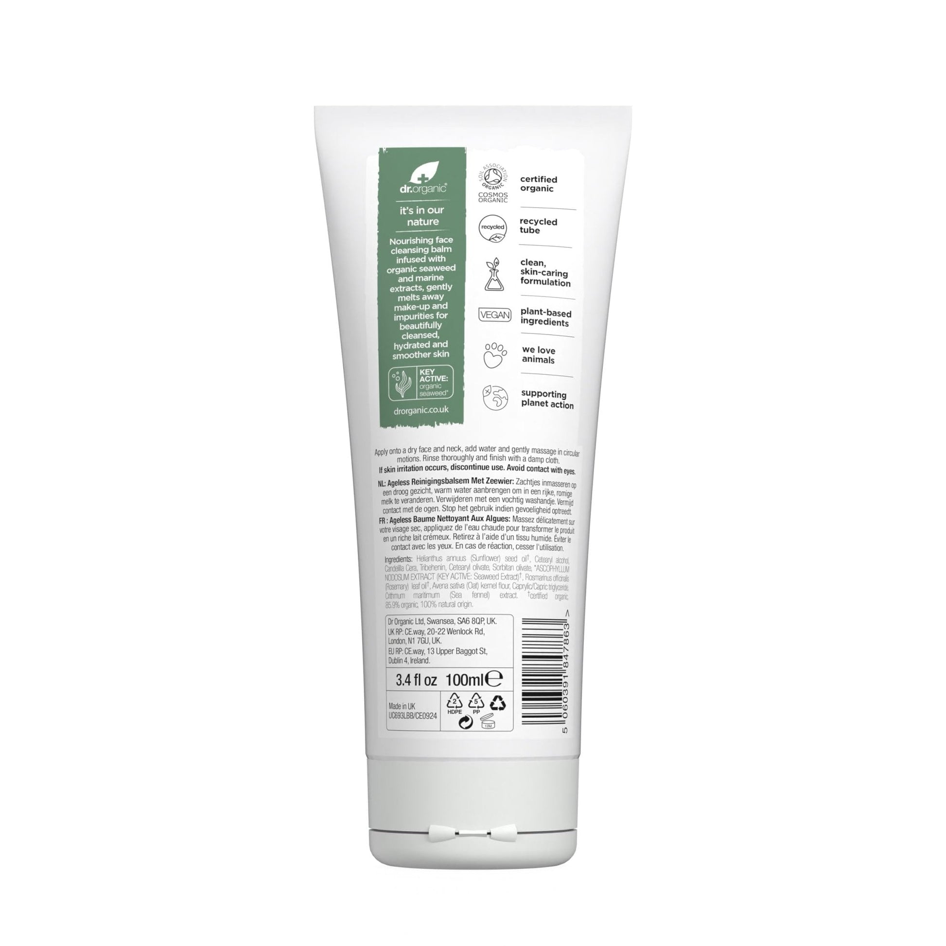 Dr. Organic Ageless Cleansing Balm with Seaweed | Moisturizing, Gentle, Removes Impurities, Certified Organic, Paraben & SLS-Free, Natural, Vegan, 100 ml / 3.4 fl oz - Maple Wellness Supplements
