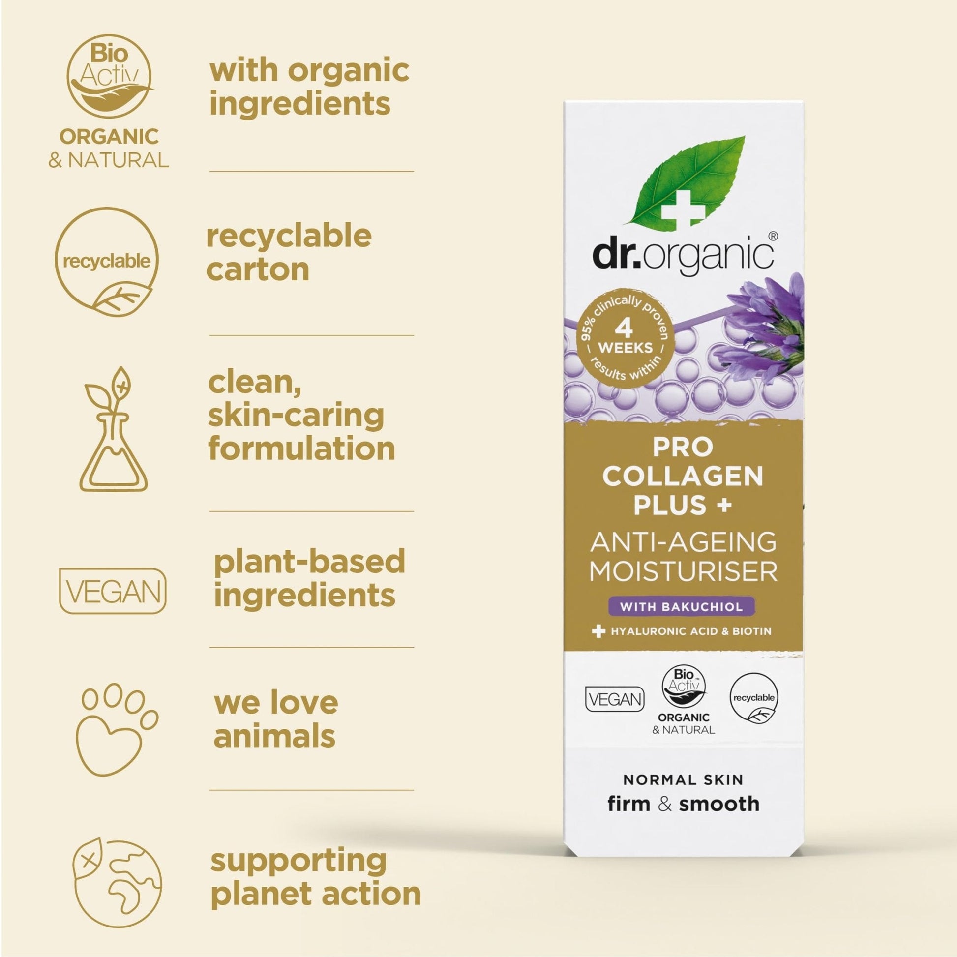Dr. Organic Pro Collagen Plus + Anti-Ageing Moisturiser with Bakuchiol | Firm & Smooth Skin, Reduces Wrinkles, (Normal Skin) Natural, Certified Organic, Paraben & SLS-Free, 50 mL / 1.7 fl oz - Maple Wellness Supplements