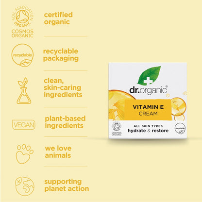 Dr. Organic Vitamin E Moisturising and Restoring Cream | Deeply Hydrates, Restores Skin’s Natural Balance, Natural, Certified Organic, Paraben & SLS-Free, 50 mL / 1.7 fl oz - Maple Wellness Supplements