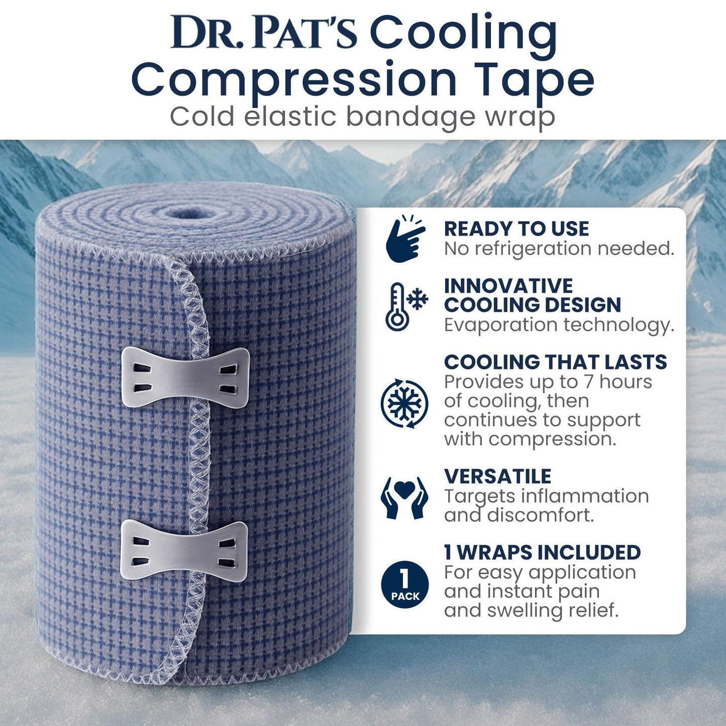 Dr Pat's Ice Tape - Cooling Bandage Wrap Athletic Tape - Compression Instant Cold Compress Wrap with Menthol - Elastic, Athletic for Sore Muscles, Pain Relief Now, Swelling, Recovery, Sports - Maple Wellness Supplements