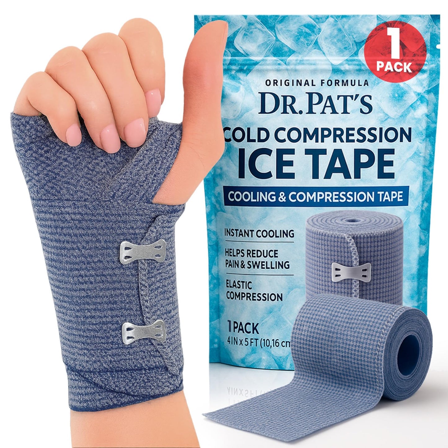 Dr Pat's Ice Tape - Cooling Bandage Wrap Athletic Tape - Compression Instant Cold Compress Wrap with Menthol - Elastic, Athletic for Sore Muscles, Pain Relief Now, Swelling, Recovery, Sports - Maple Wellness Supplements