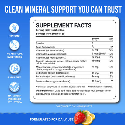 Dr. Price’s Cal-Mag Vites – Strawberry Lemon, 30 Packs | Calcium Magnesium Powder Packets + Vitamin D3, K & Boron | Calming Bone & Muscle Support for Kids & Adults | Doctor-Formulated, Made in USA - Maple Wellness Supplements