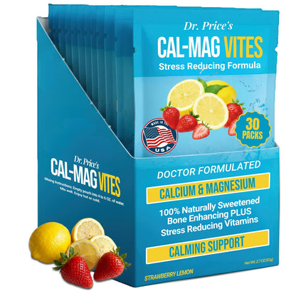 Dr. Price’s Cal-Mag Vites – Strawberry Lemon, 30 Packs | Calcium Magnesium Powder Packets + Vitamin D3, K & Boron | Calming Bone & Muscle Support for Kids & Adults | Doctor-Formulated, Made in USA - Maple Wellness Supplements