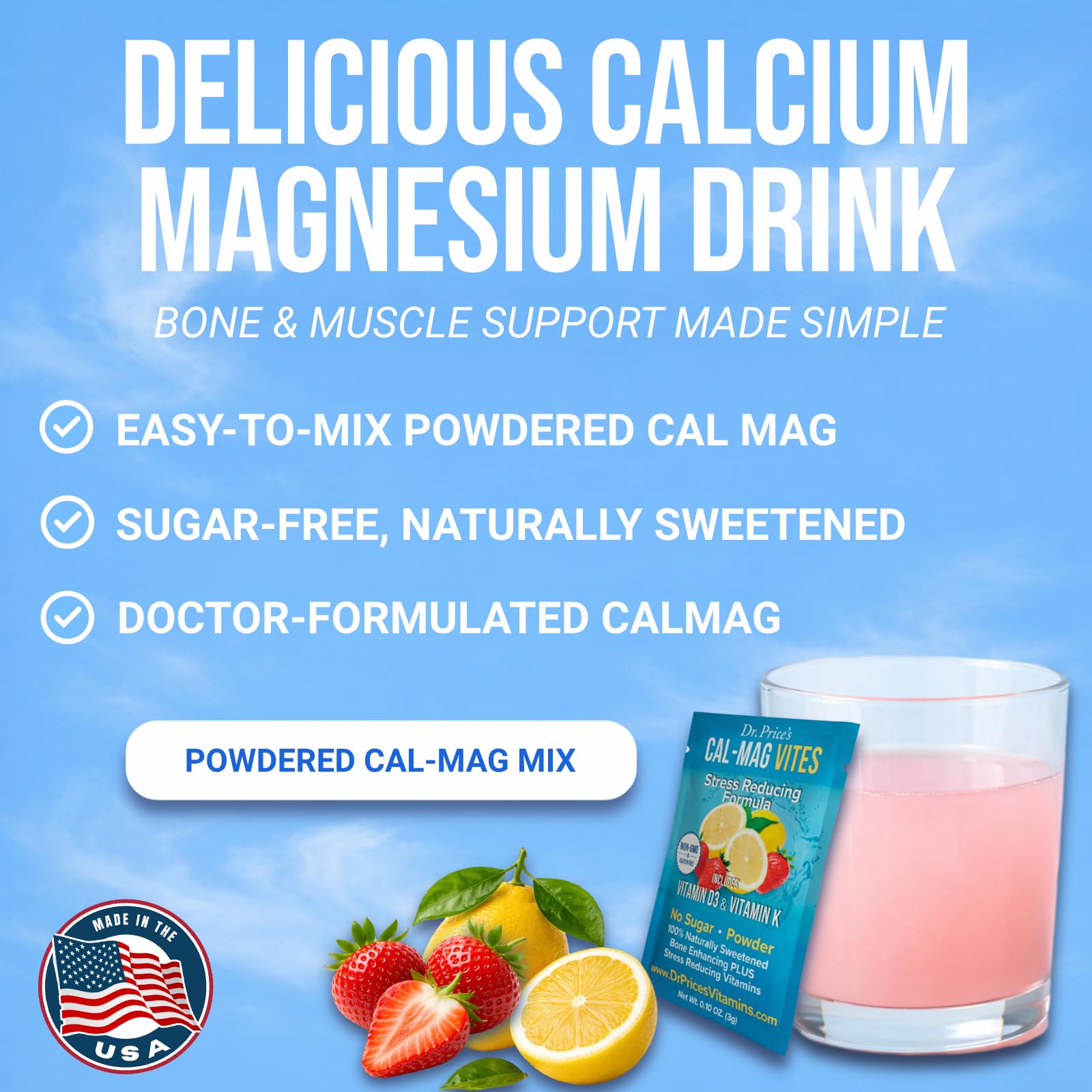 Dr. Price’s Cal-Mag Vites – Strawberry Lemon, 30 Packs | Calcium Magnesium Powder Packets + Vitamin D3, K & Boron | Calming Bone & Muscle Support for Kids & Adults | Doctor-Formulated, Made in USA - Maple Wellness Supplements