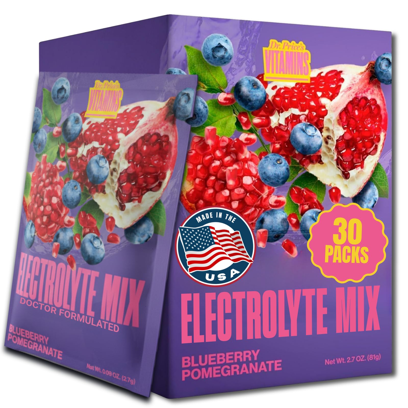 Dr. Price’s Electrolytes Hydration Powder Packets – Blueberry Pomegranate, 30 Packs | Sugar Free Electrolyte Drink Mix, 72+ Trace Minerals, Manganese - Maple Wellness Supplements