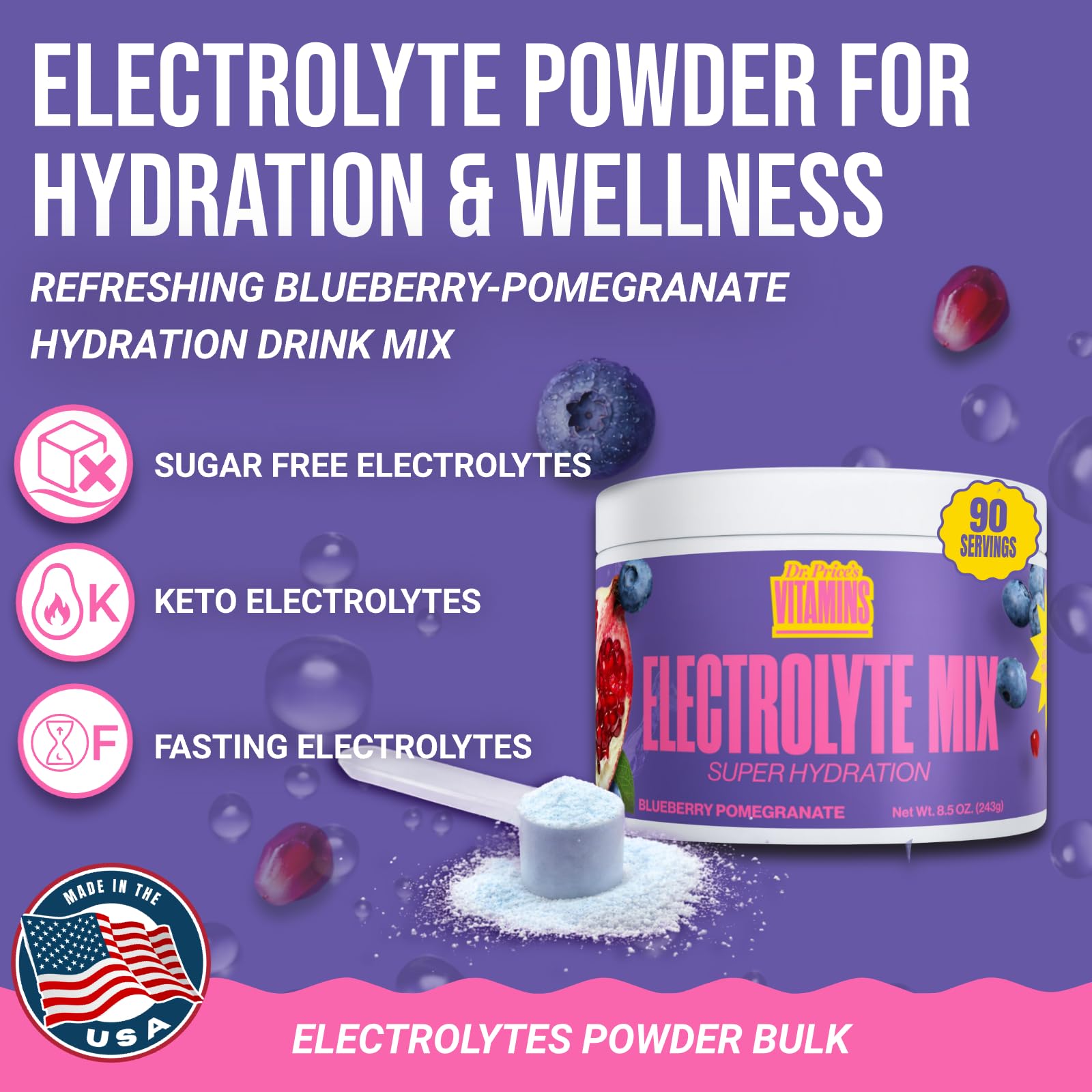 Dr. Price’s Electrolytes Powder Bulk – Blueberry Pomegranate, 90 Servings | Sugar Free Hydration Drink Mix with 72+ Trace Minerals, Manganese | Keto Electrolytes - Maple Wellness Supplements