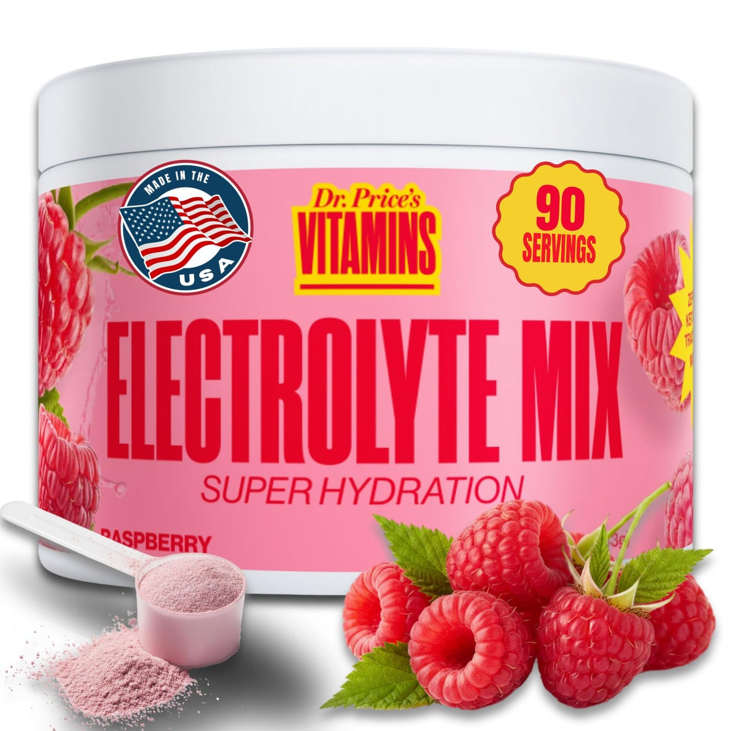 Dr. Price’s Electrolytes Powder Bulk – Raspberry, 90 Servings | Sugar Free Hydration Drink Mix with 72+ Trace Minerals, Manganese | Keto Electrolytes - Maple Wellness Supplements
