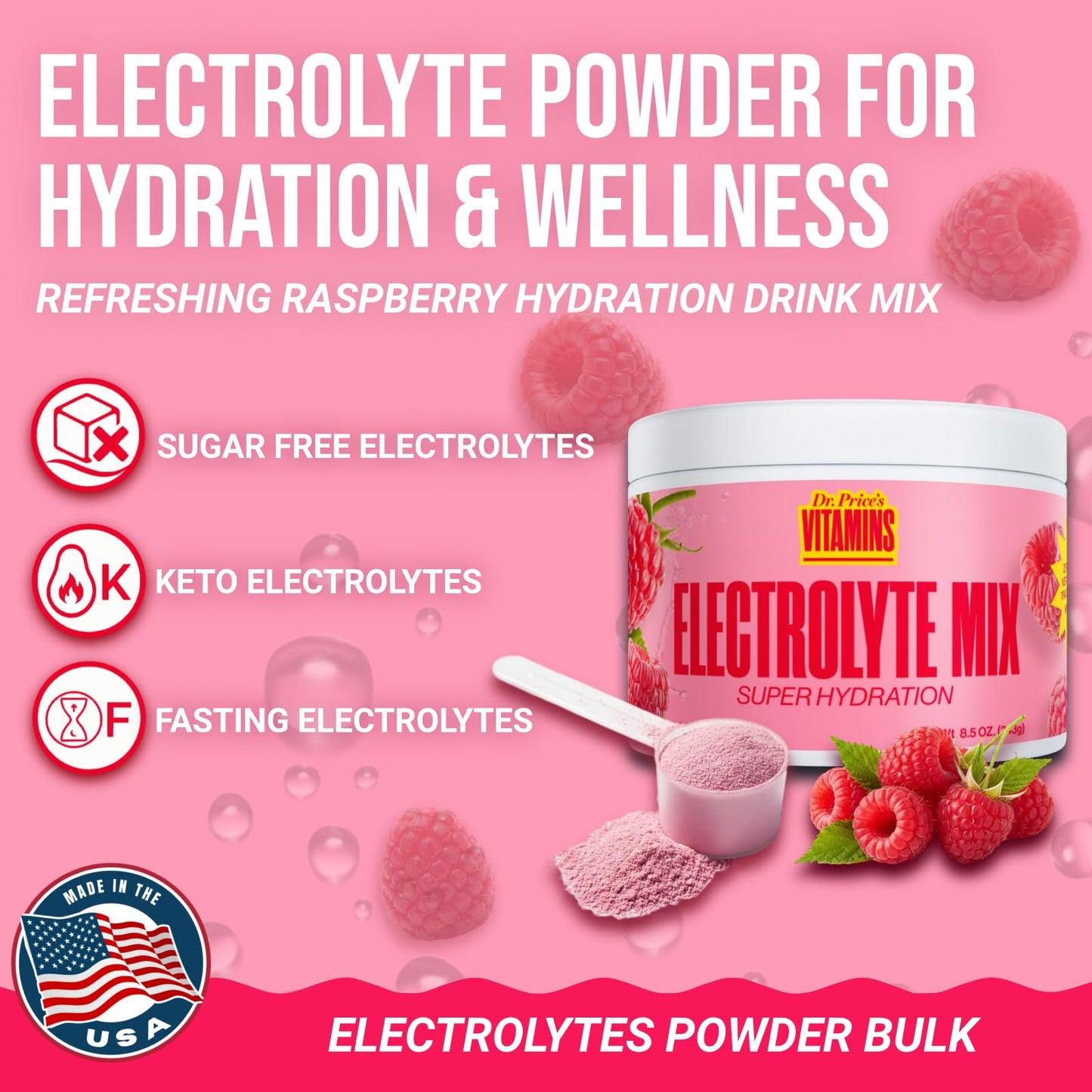 Dr. Price’s Electrolytes Powder Bulk – Raspberry, 90 Servings | Sugar Free Hydration Drink Mix with 72+ Trace Minerals, Manganese | Keto Electrolytes - Maple Wellness Supplements