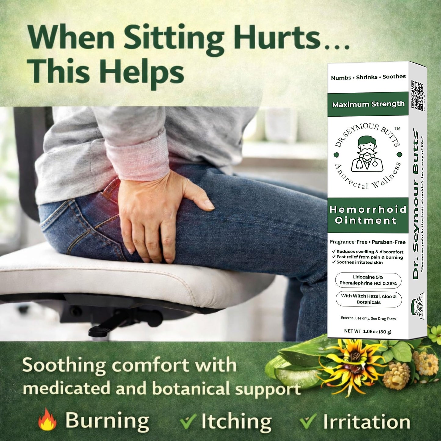 Dr. Seymour Butts Hemorrhoid Ointment – Lidocaine 5% Pain Relief for Burning, Itching & Irritation | External Hemorrhoid Care with Witch Hazel, Aloe & Botanical Support - Maple Wellness Supplements