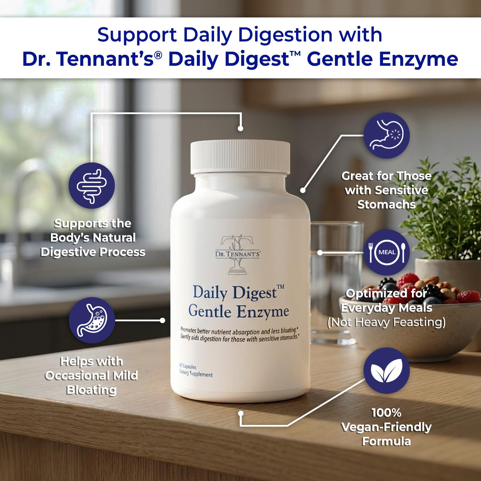 Dr. Tennant's Digestive Enzymes with Bromelain, Papain and Lipase - Bloating Relief and Gas Support for Sensitive Stomachs, Vegan, 27-Enzyme Blend, - Maple Wellness Supplements