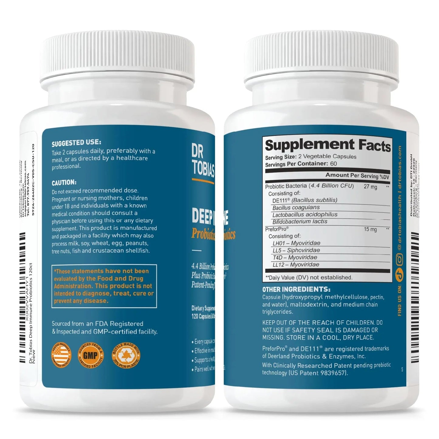 Dr. Tobias Deep Immune Probiotics & Prebiotics - Dual Action Digestion & Immune Support with PreforPro Prebiotics & Spore Forming Probiotics for Women & Men - 120 Capsules (60 Servings) - Maple Wellness Supplements