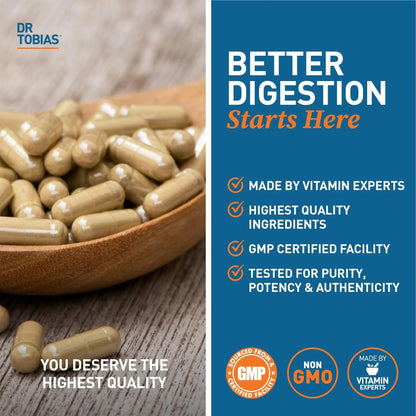 Dr. Tobias Digestive Enzymes with Probiotics, Prebiotics and Postbiotics Bromelain, Amylase, Lipase, for Better Digestion & Immune Function, 60 Capsules, 30 Servings (2 Daily) - Maple Wellness Supplements
