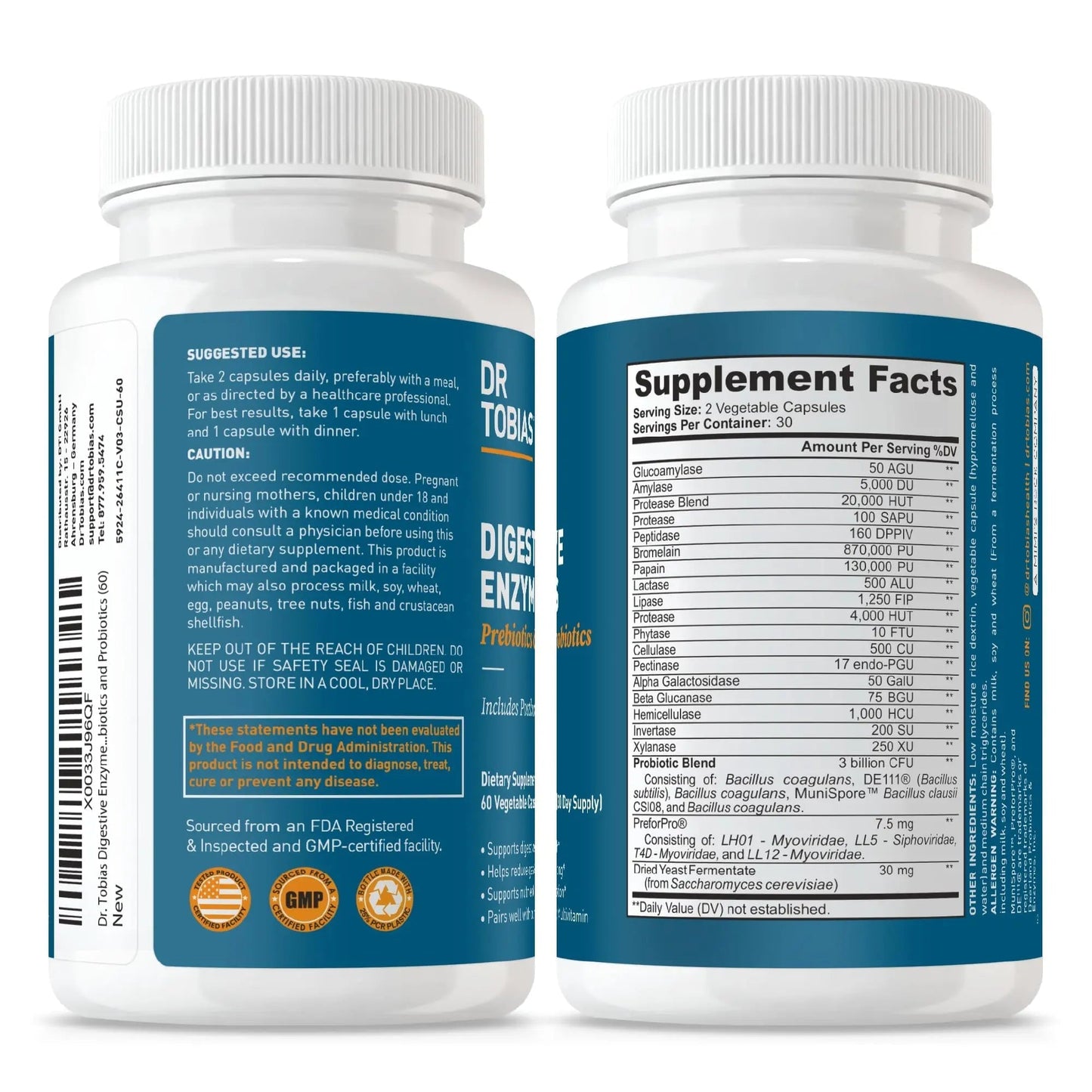 Dr. Tobias Digestive Enzymes with Probiotics, Prebiotics and Postbiotics Bromelain, Amylase, Lipase, for Better Digestion & Immune Function, 60 Capsules, 30 Servings (2 Daily) - Maple Wellness Supplements