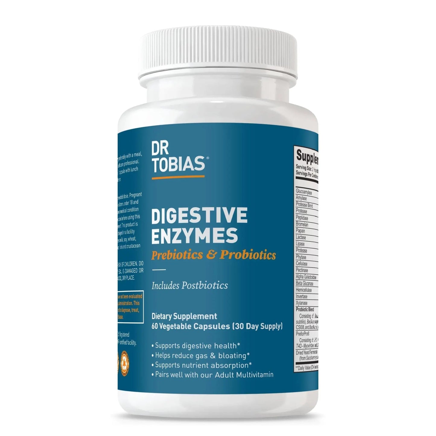 Dr. Tobias Digestive Enzymes with Probiotics, Prebiotics and Postbiotics Bromelain, Amylase, Lipase, for Better Digestion & Immune Function, 60 Capsules, 30 Servings (2 Daily) - Maple Wellness Supplements