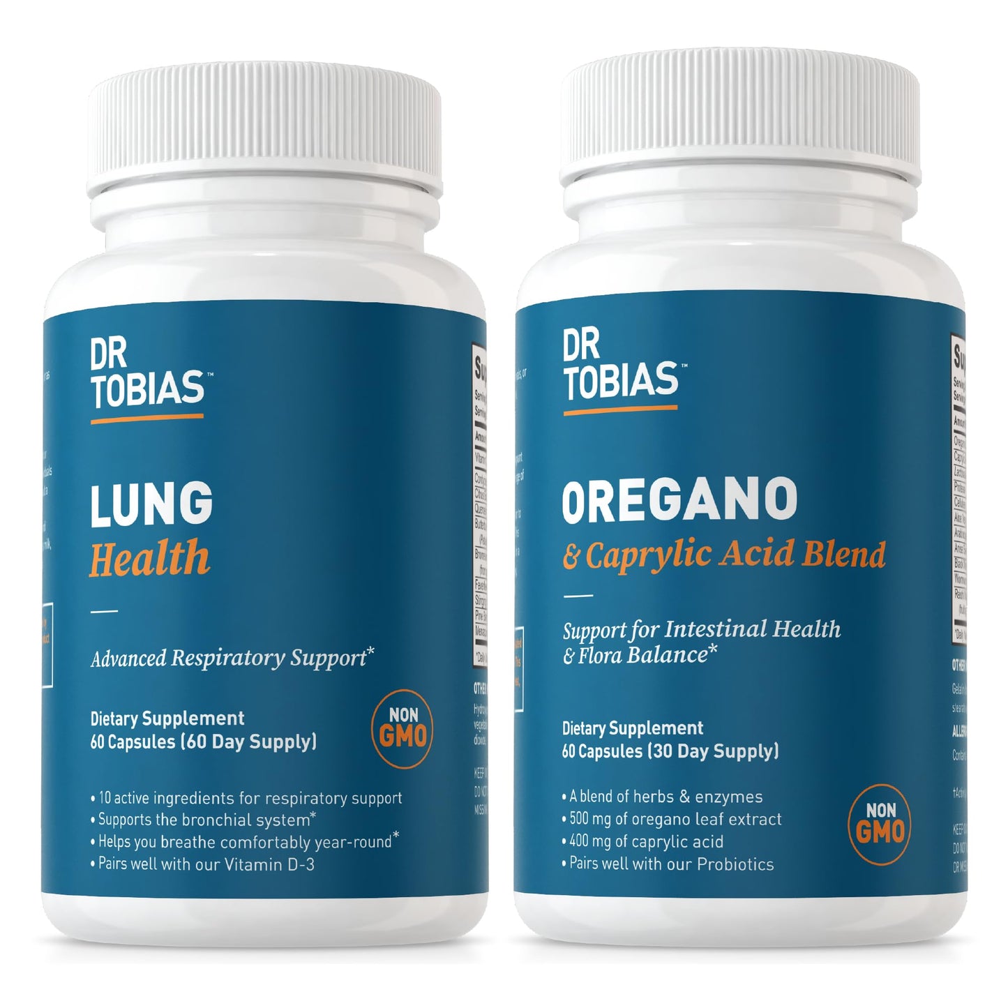 Dr. Tobias Lung Health and Oregano & Caprylic Acid Blend, Supports Lung Cleanse & Detox, Intestinal Health, Immune Support with Prebiotics & Herbs for Women & Men - Maple Wellness Supplements