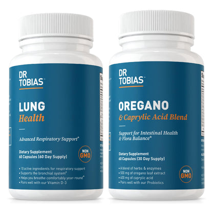 Dr. Tobias Lung Health and Oregano & Caprylic Acid Blend, Supports Lung Cleanse & Detox, Intestinal Health, Immune Support with Prebiotics & Herbs for Women & Men - Maple Wellness Supplements