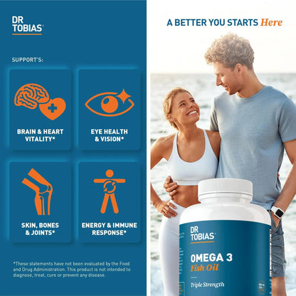 Dr. Tobias Omega 3 Fish Oil 2000mg Triple Strength with 800mg EPA 600mg DHA Per Serving | Fish Oil Omega 3 Supplements for Heart Brain & Immune Support - 180 Softgels (90 Servings) - Maple Wellness Supplements