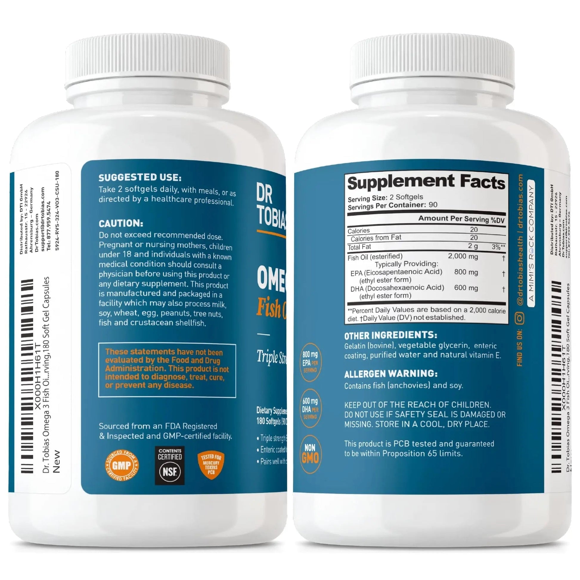 Dr. Tobias Omega 3 Fish Oil 2000mg Triple Strength with 800mg EPA 600mg DHA Per Serving | Fish Oil Omega 3 Supplements for Heart Brain & Immune Support - 180 Softgels (90 Servings) - Maple Wellness Supplements