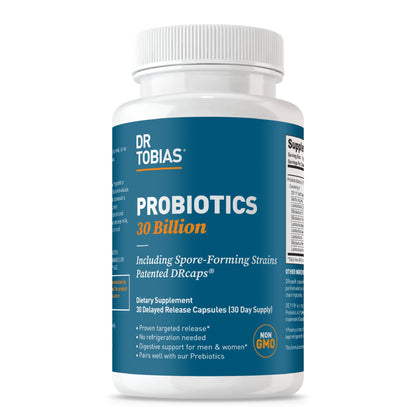 Dr. Tobias Probiotics 30 Billion, 10 Strains, 30 Billion CFU's, Targeted Release Probiotics for Women & Men, Supports Digestive Health, Shelf-Stable, - Maple Wellness Supplements