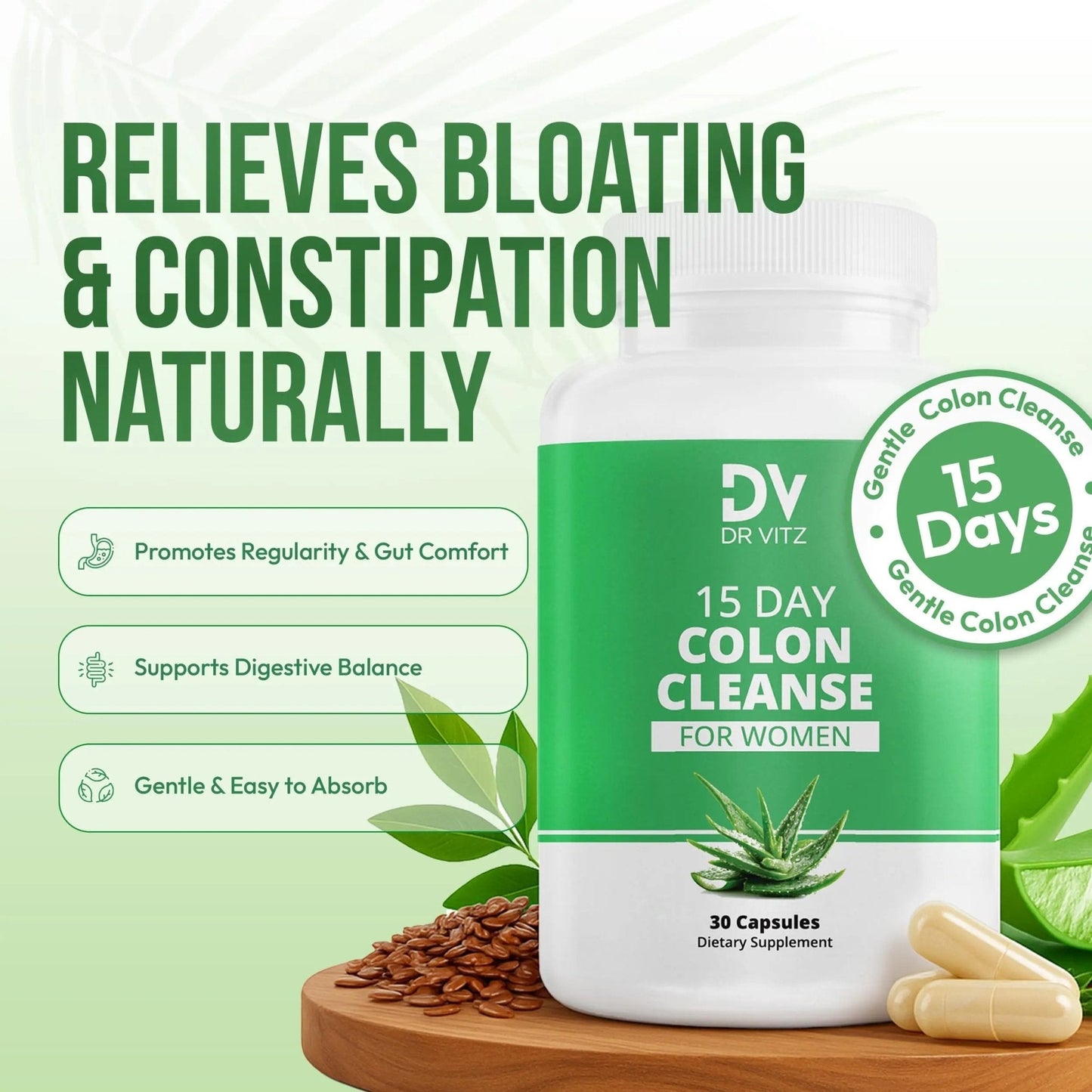 Dr Vitz 15 Day Colon Cleanse for Women – Natural Detox Pills with Herbs, Fiber & Probiotics – Bloating & Constipation Relief, Weight Loss & Gut Health Reset – 30 Capsules - Maple Wellness Supplements